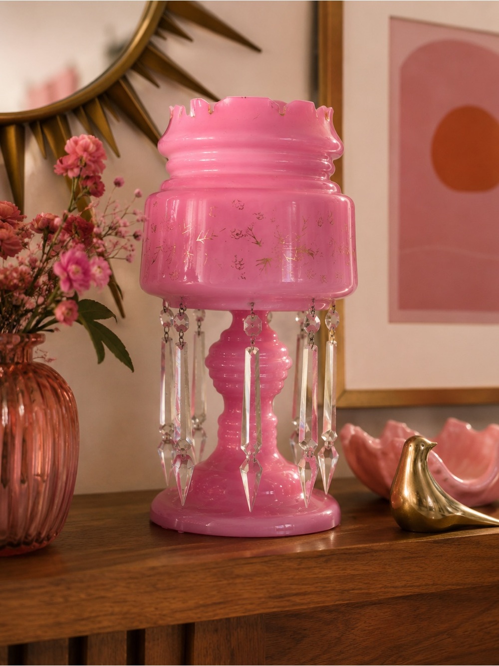 Antique Victorian Pink Opaline Glass Mantle Luster Pink Glass MCM Retro 13.5”